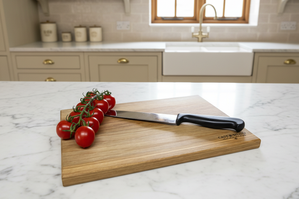 Wooden cutting board with tomatoes and a knife on a marble countertop in a kitchen.