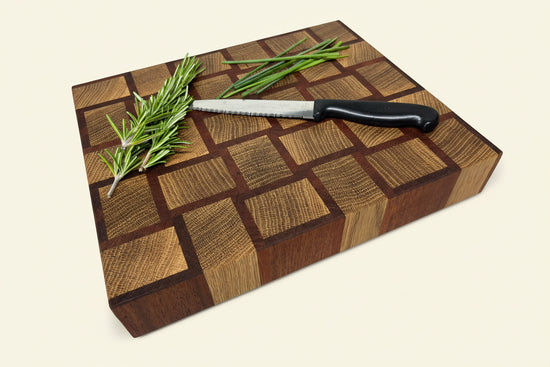 Cast and wood handmade premium chopping board end grain - Oak and Sapele basketweave design butchers block