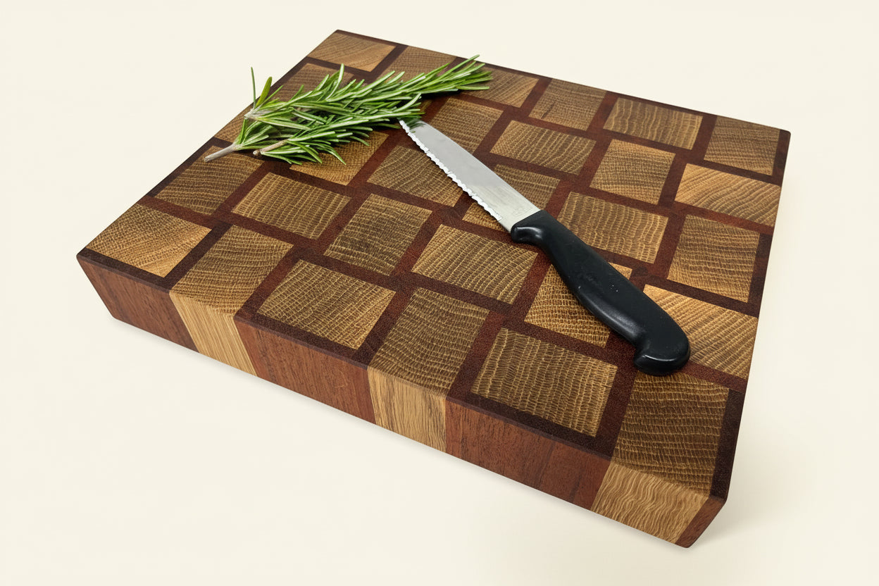 Cast and wood handmade premium chopping board end grain - Oak and Sapele basketweave design butchers block