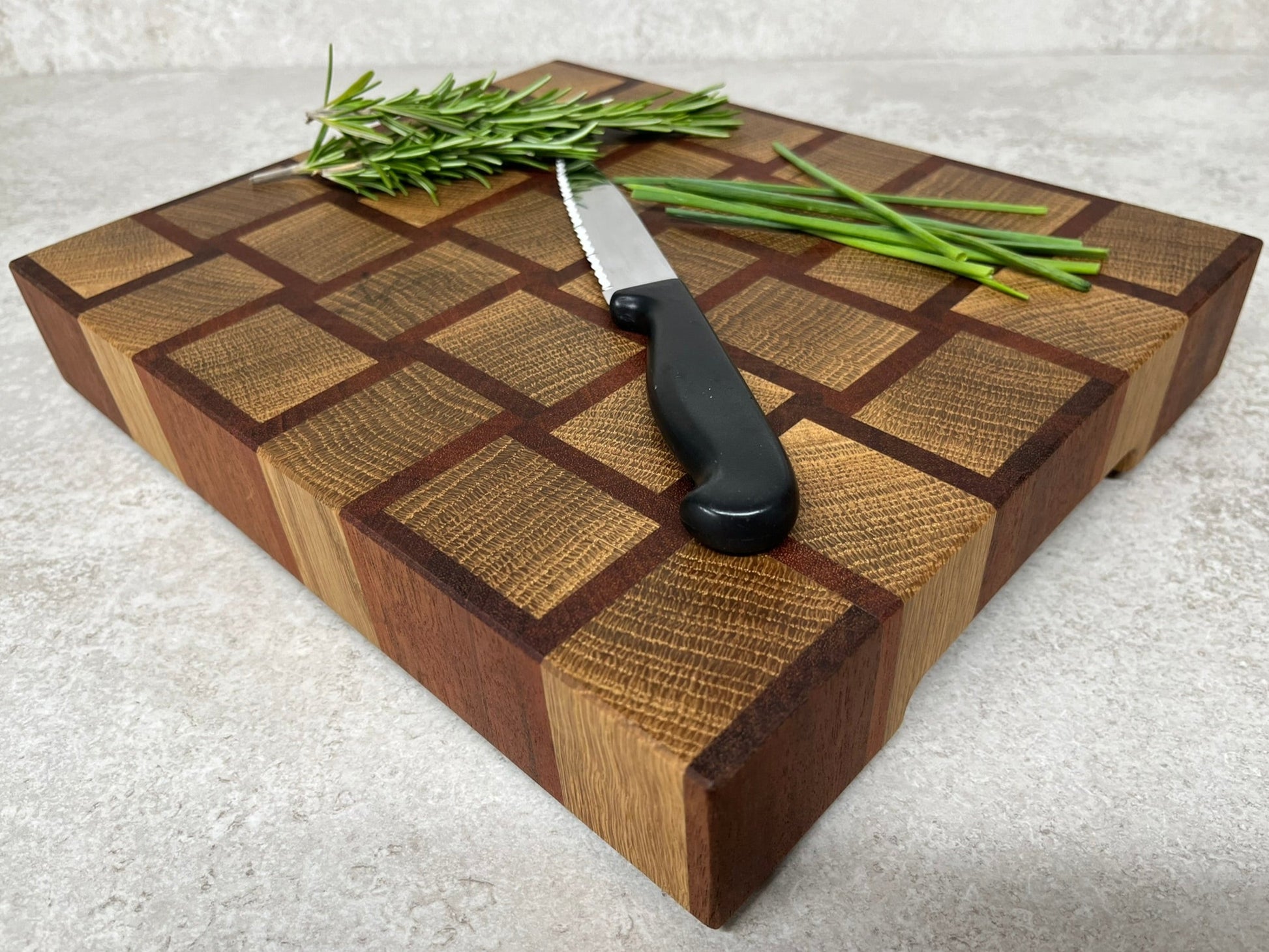 Cast and wood handmade premium chopping board end grain - Oak and Sapele basketweave design butchers block