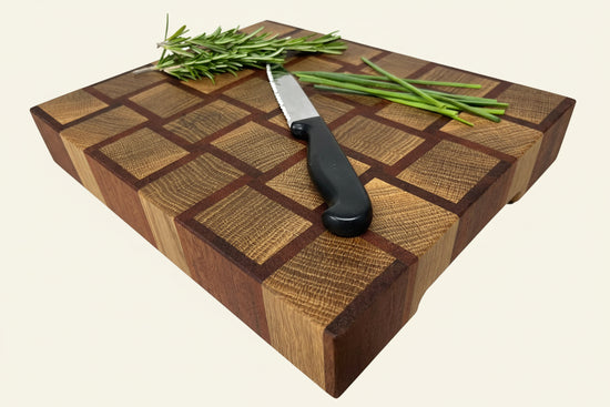 Cast and wood handmade premium chopping board end grain - Oak and Sapele basketweave design butchers block