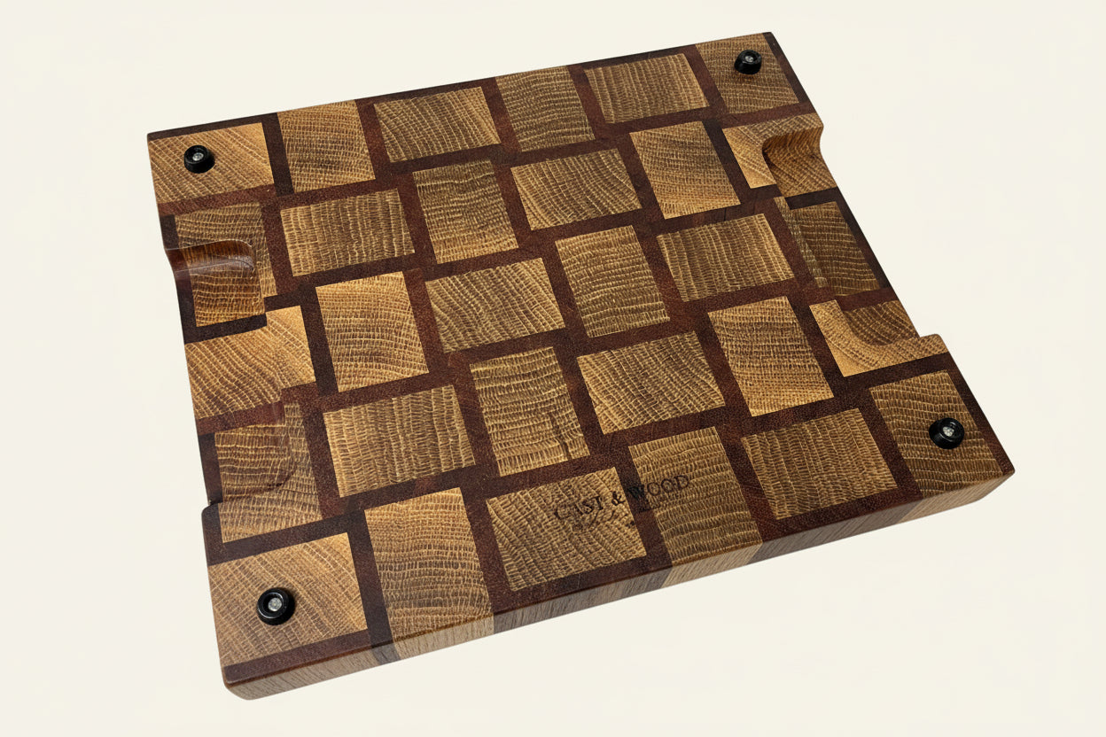 Cast and wood handmade premium chopping board end grain - Oak and Sapele basketweave design butchers block