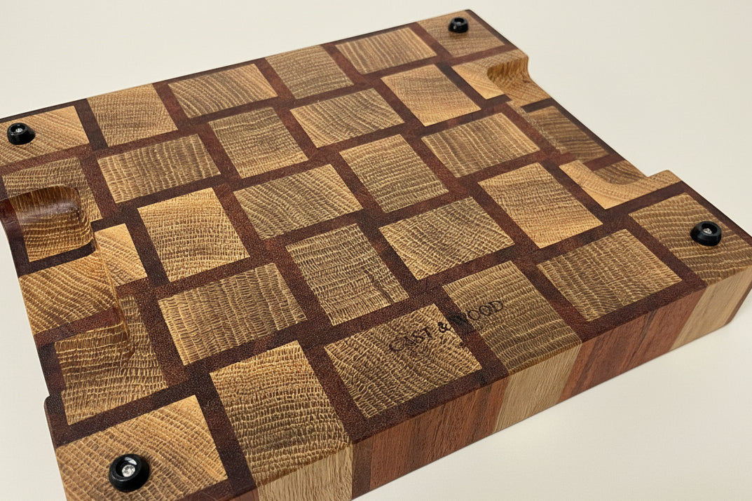 Cast and wood handmade premium chopping board end grain - Oak and Sapele basketweave design butchers block