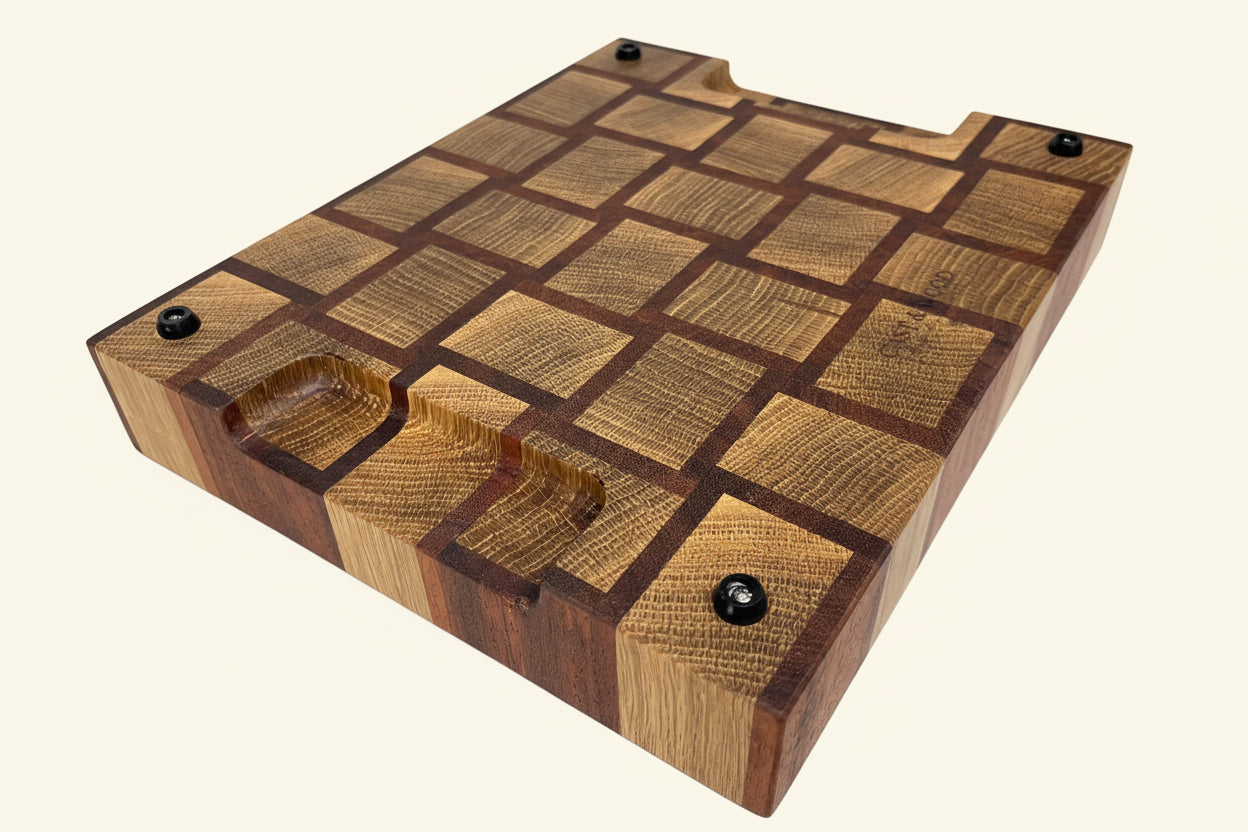Cast and wood handmade premium chopping board end grain - Oak and Sapele basketweave design butchers block