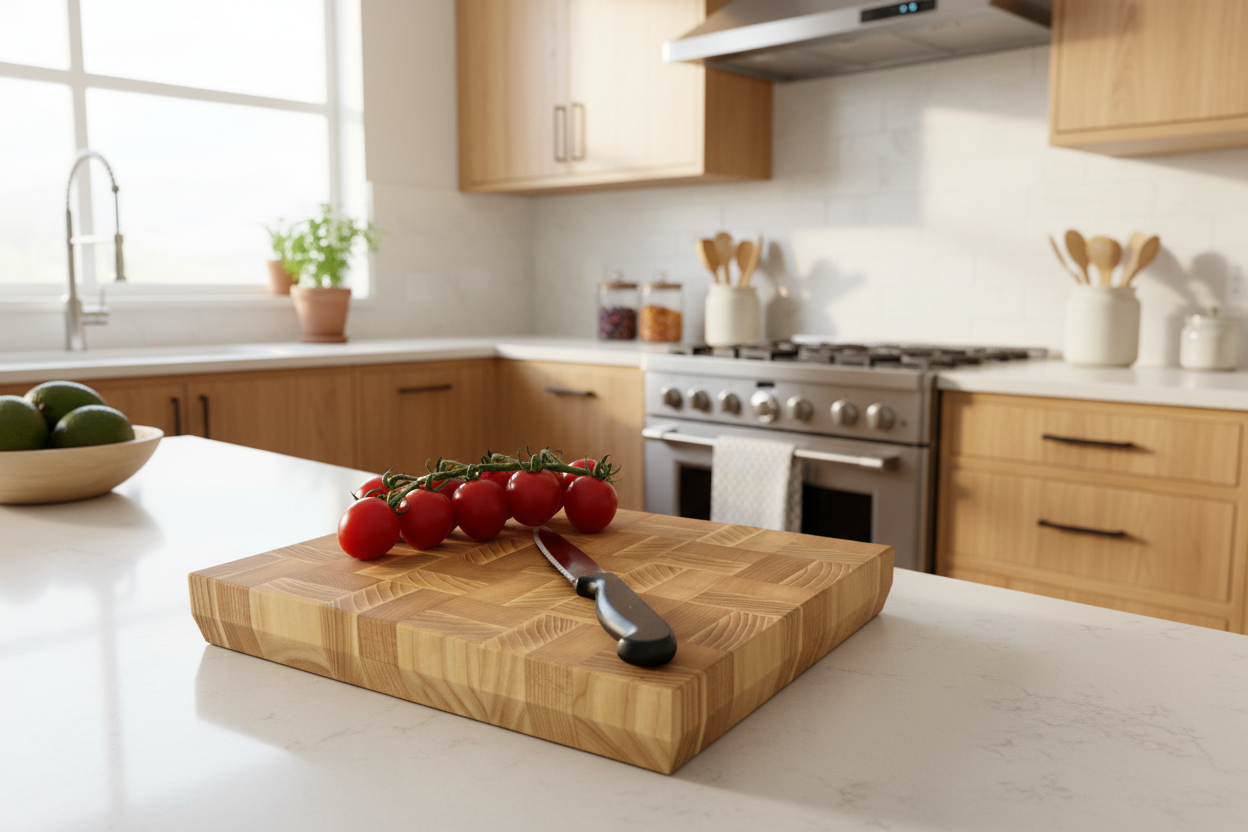Wooden chopping board with a blocked design, knife, and cherry tomatoes on a kitchen countertop. Mayfield End Grain Chopping Board.