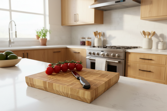 Wooden chopping board with a blocked design, knife, and cherry tomatoes on a kitchen countertop. Mayfield End Grain Chopping Board.