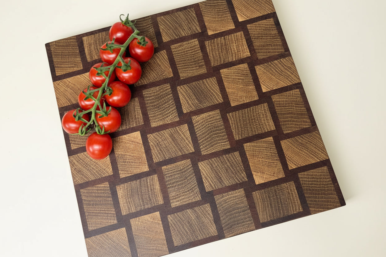 Cast and Wood handmade woven design end grain square chopping board - Oak and Sapele hardwood -  Chunky butchers block style