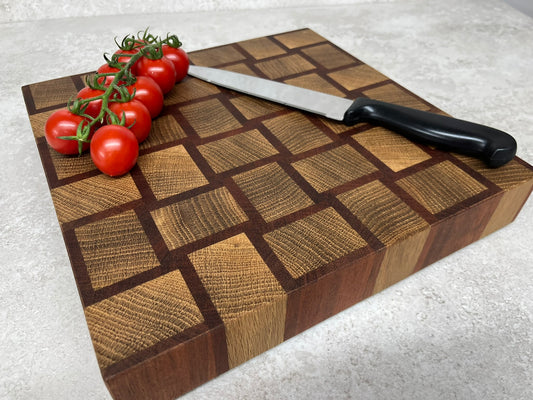 Cast and Wood handmade woven design end grain square chopping board - Oak and Sapele hardwood -  Chunky butchers block style
