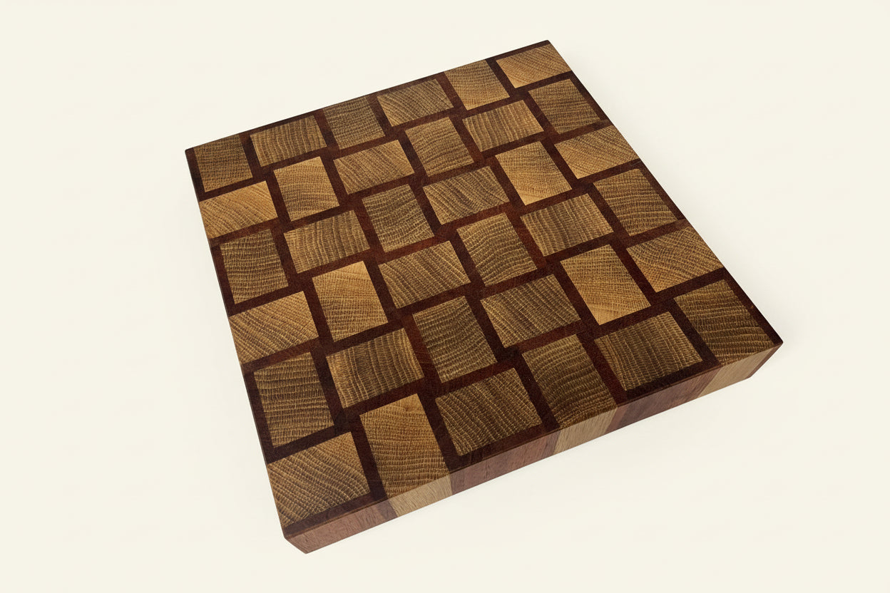 Cast and Wood handmade woven design end grain square chopping board - Oak and Sapele hardwood -  Chunky butchers block style