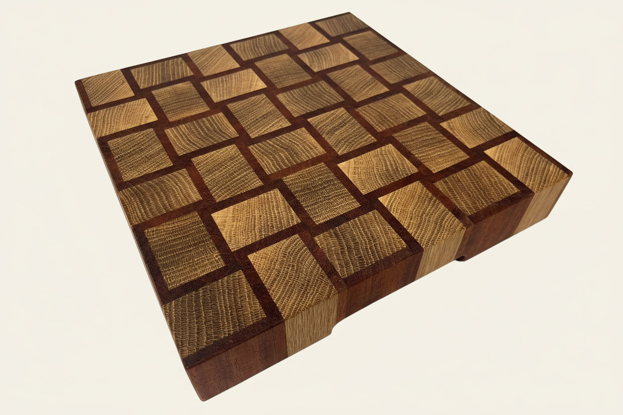 Cast and Wood handmade woven design end grain square chopping board - Oak and Sapele hardwood -  Chunky butchers block style