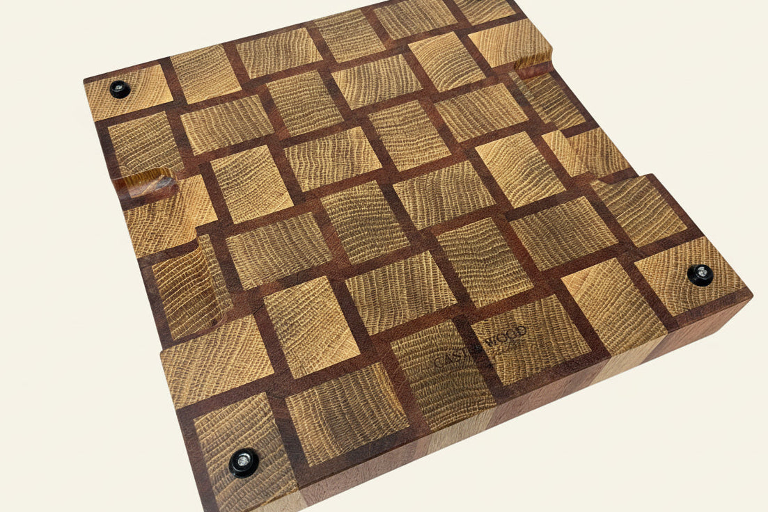 Cast and Wood handmade woven design end grain square chopping board - Oak and Sapele hardwood -  Chunky butchers block style