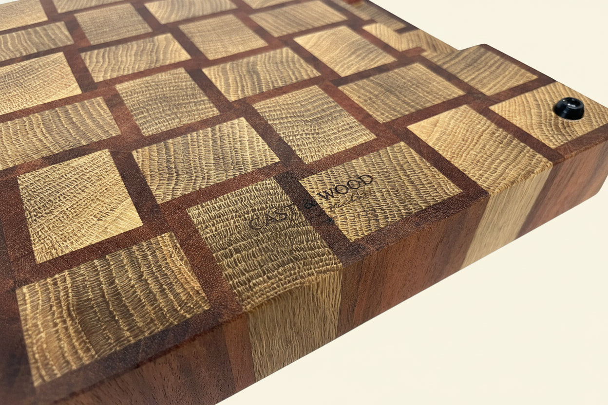 Cast and Wood handmade woven design end grain square chopping board - Oak and Sapele hardwood -  Chunky butchers block style