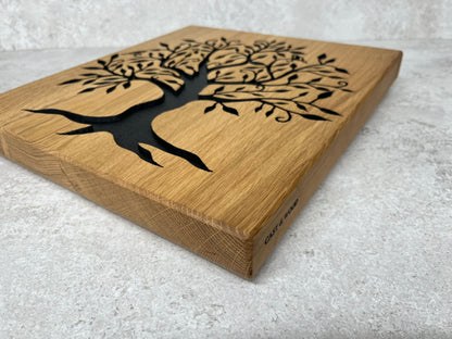 Chunky Solid Oak Chopping Board with Hand Carved Tree of Life
