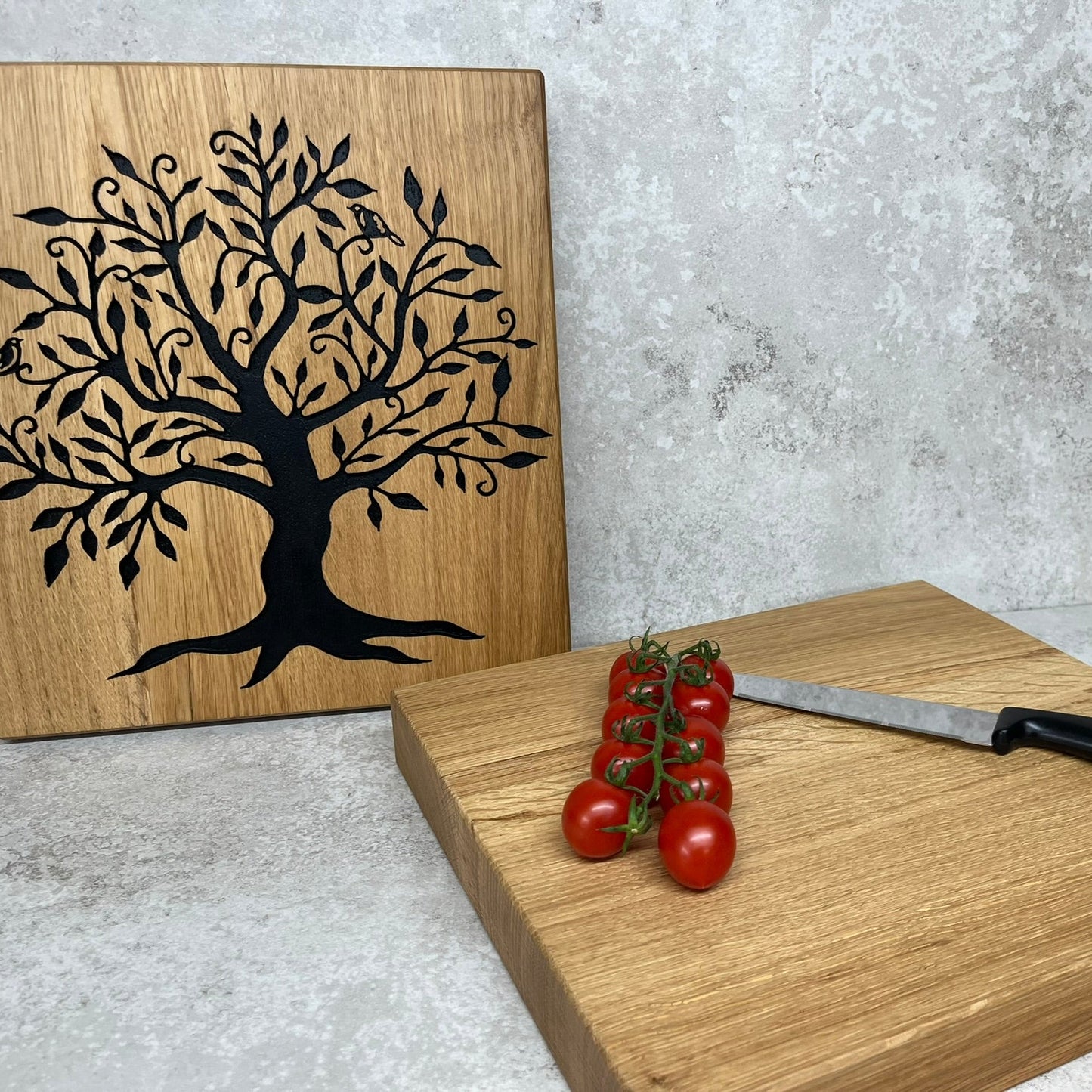Chunky Solid Oak Chopping Board with Hand Carved Tree of Life