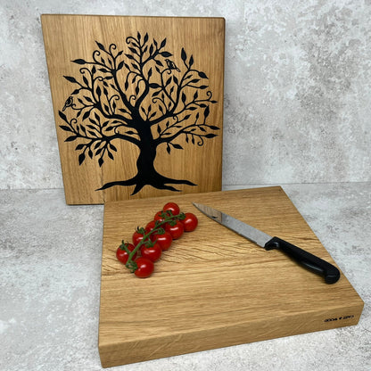 Chunky Solid Oak Chopping Board with Hand Carved Tree of Life