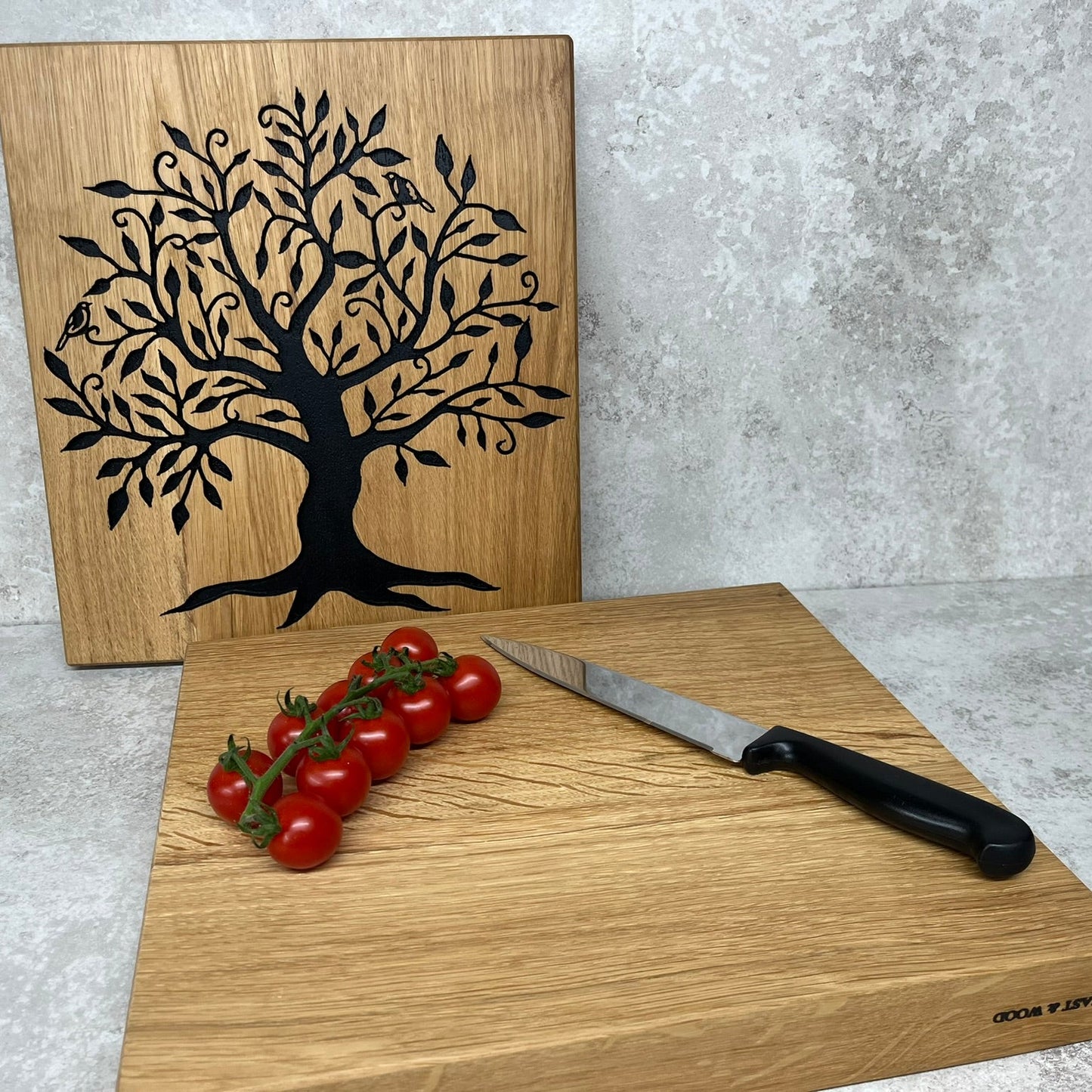 Chunky Solid Oak Chopping Board with Hand Carved Tree of Life
