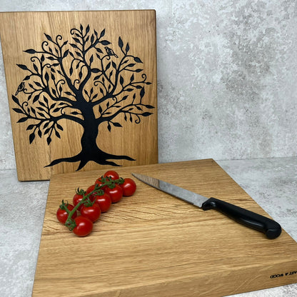 Chunky Solid Oak Chopping Board with Hand Carved Tree of Life