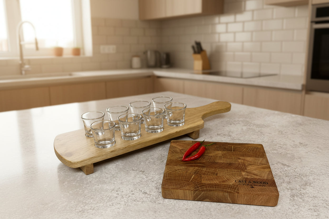 Two wooden chopping boards on a kitchen countertop, featuring a rectangular board with a red chili pepper.