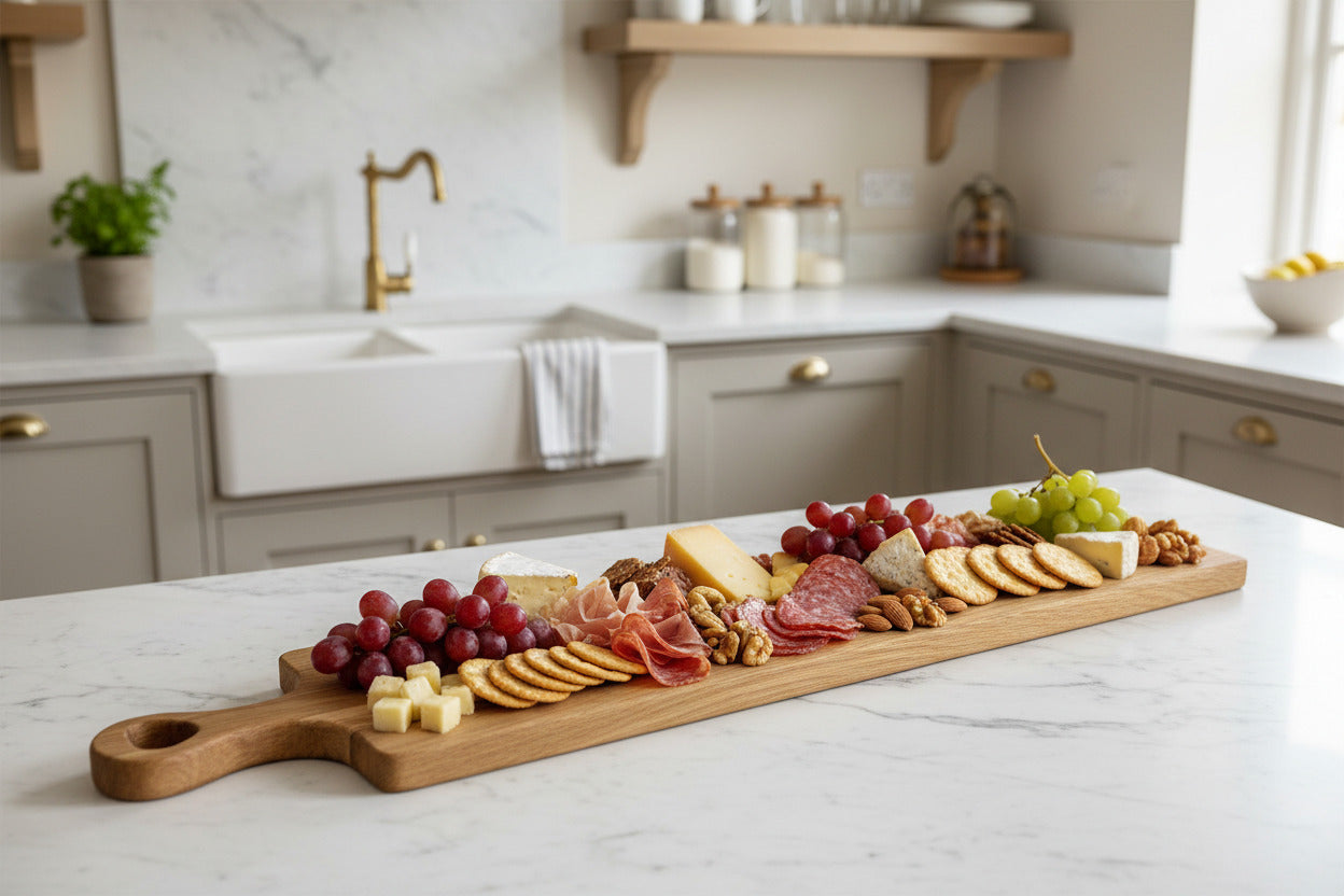Large oak serving platter in use in a kitchen scene with a charcuterie selection on top of the board. 