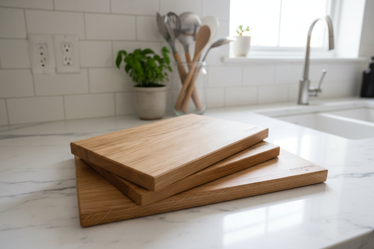 Set of three Piccadilly chopping boards stacked on a marble countertop with kitchen utensils in the background.