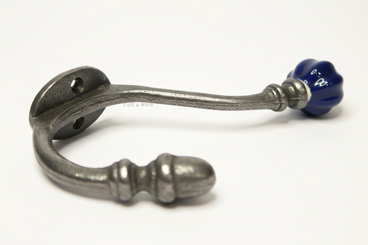 Dark Blue Acorn Double Coat Hook Cast & Wood