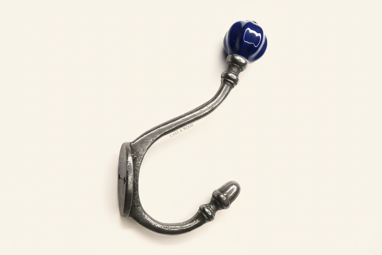 Dark Blue Acorn Double Coat Hook Cast & Wood