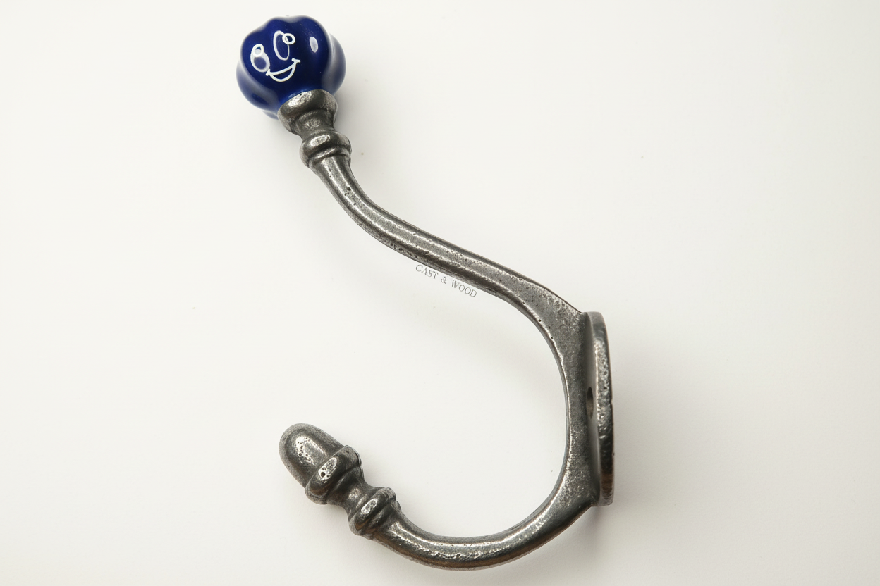 Dark Blue Acorn Double Coat Hook Cast & Wood