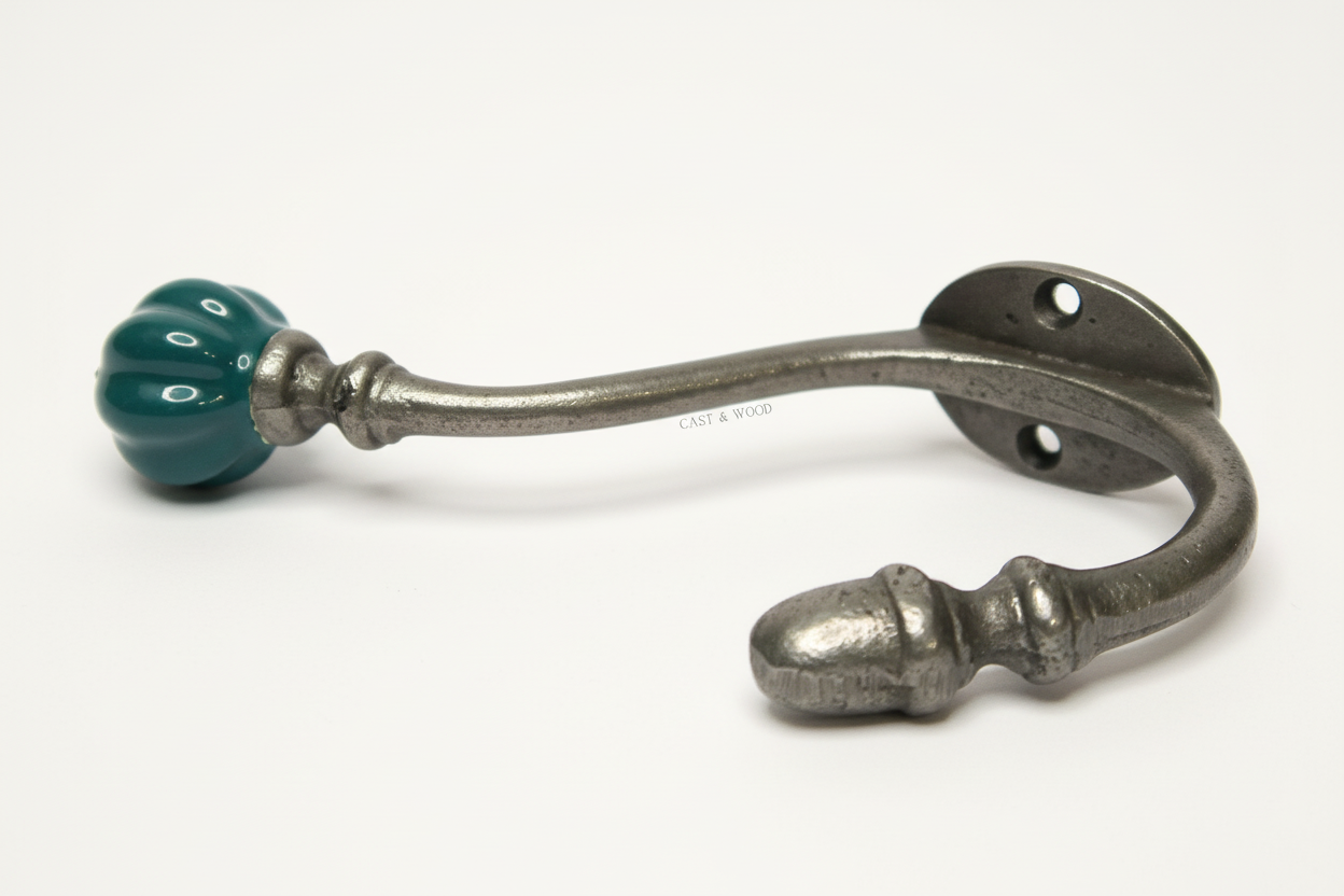 Racing Green Teal Acorn Double Coat Hook Cast & Wood