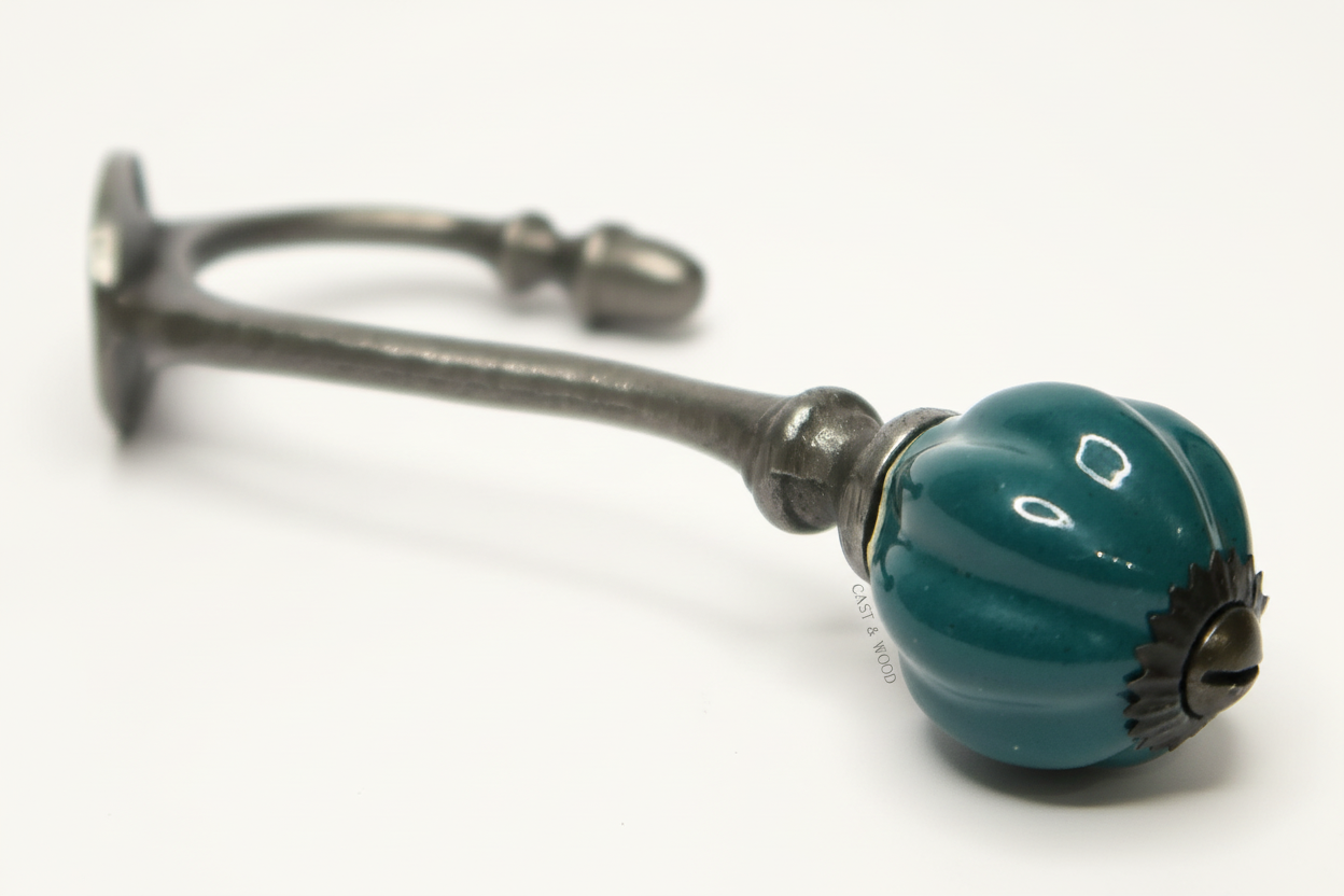 Racing Green Teal Acorn Double Coat Hook Cast & Wood