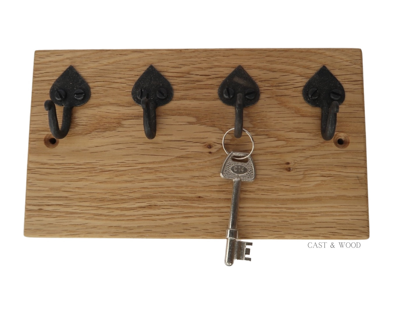 4 Hook Key Holder Solid Oak Wall Mounted Cast and Wood Cast Wood