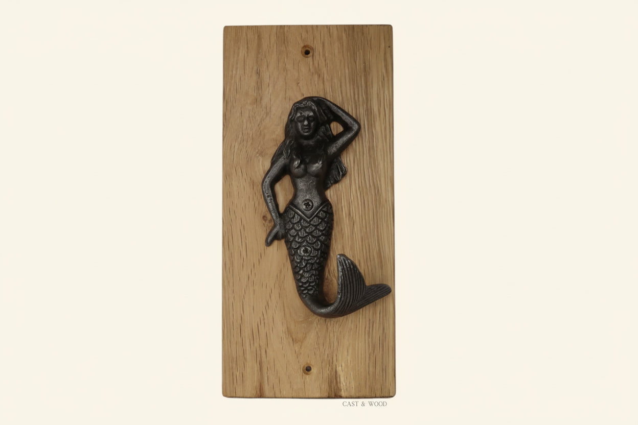 Solid Oak Mounted Mermaid Hook