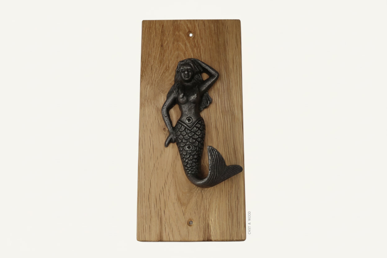 Solid Oak Mounted Mermaid Hook