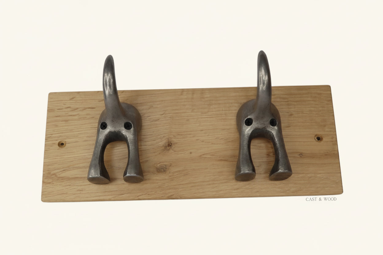 Solid Oak Mounted Dog Tail Hook - Double