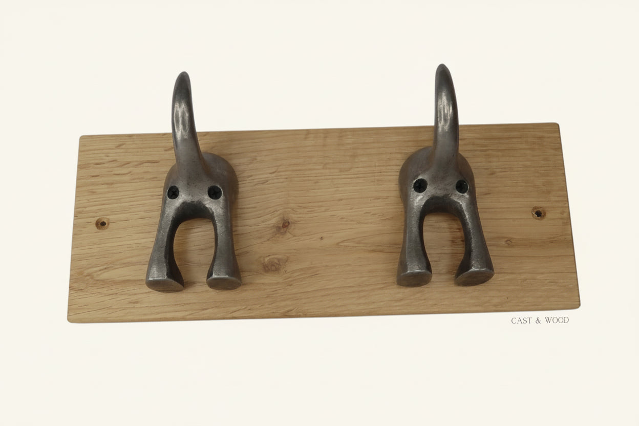 Solid Oak Mounted Dog Tail Hook - Double