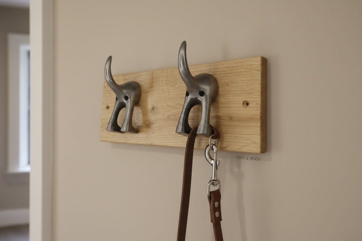 Solid Oak Mounted Dog Tail Hook - Double