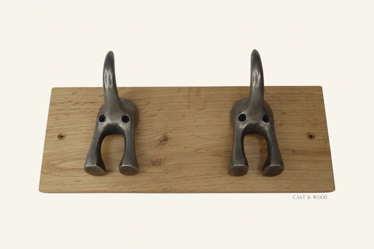 Solid Oak Mounted Dog Tail Hook - Double