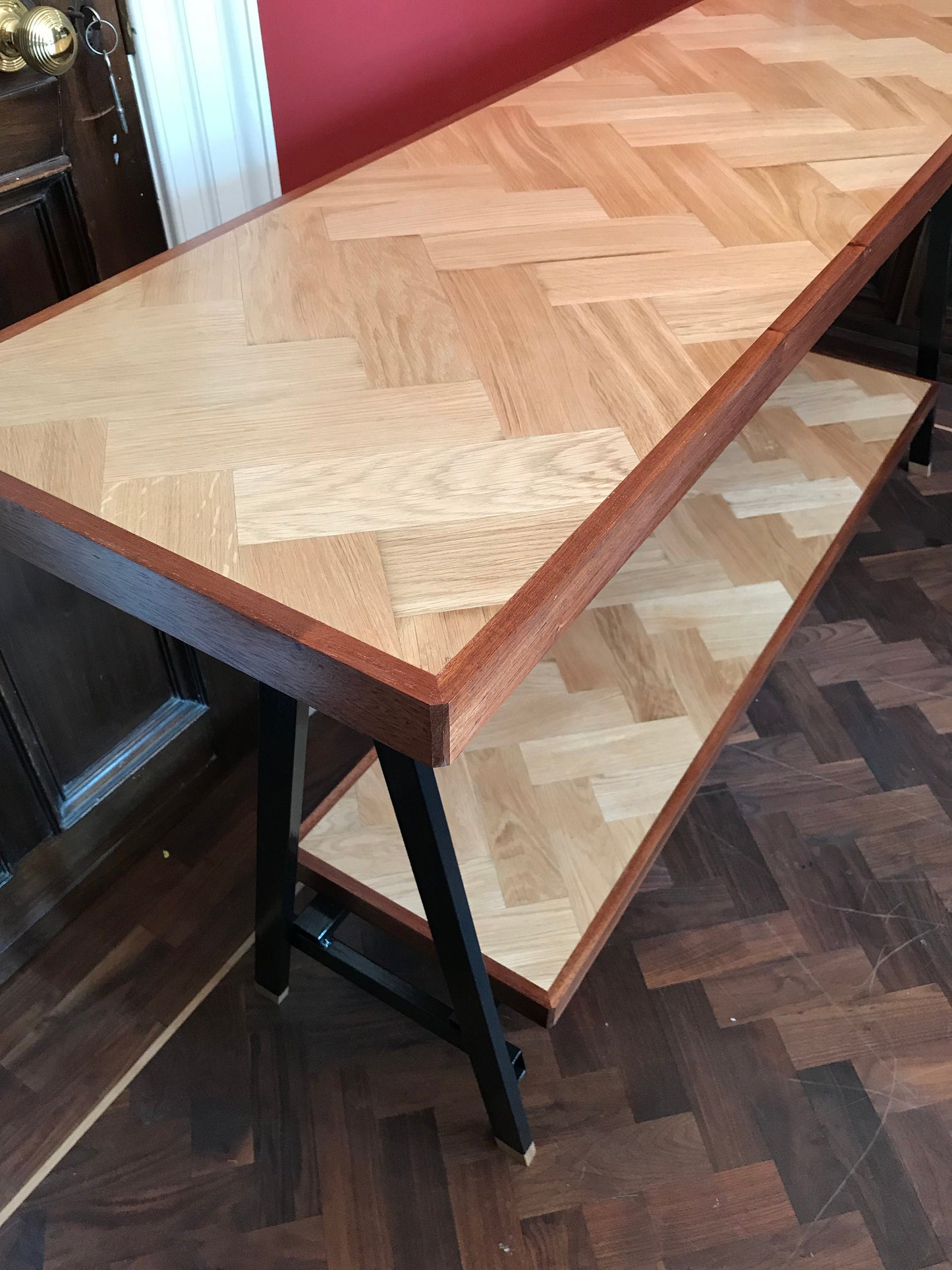Handmade Reclaimed Solid Oak Herringbone Top / Mahogany Edging Console Table - ONE OFF freeshipping - Cast & Wood