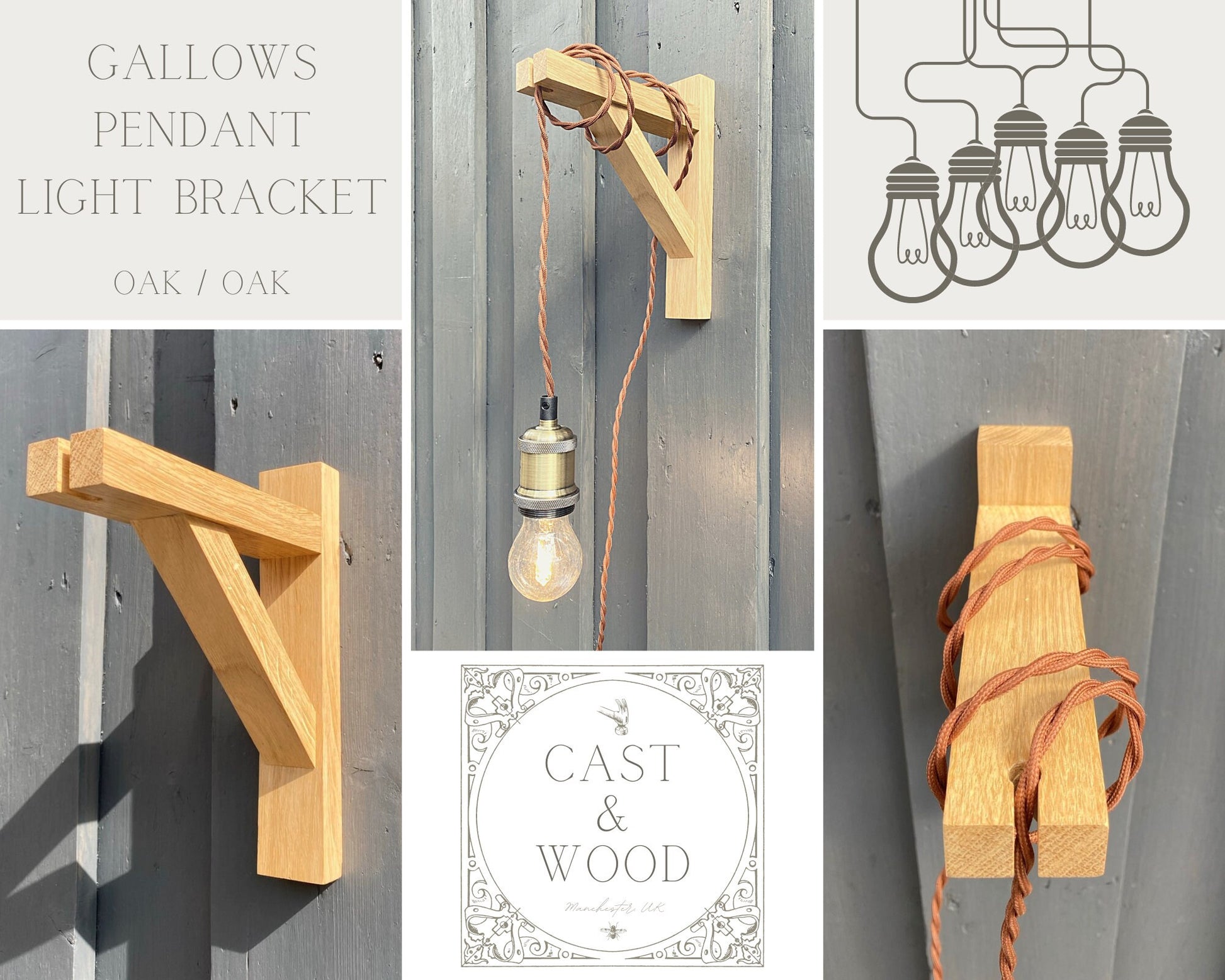 Solid Oak Gallows Pendant Wall Light Bracket freeshipping - Cast & Wood
