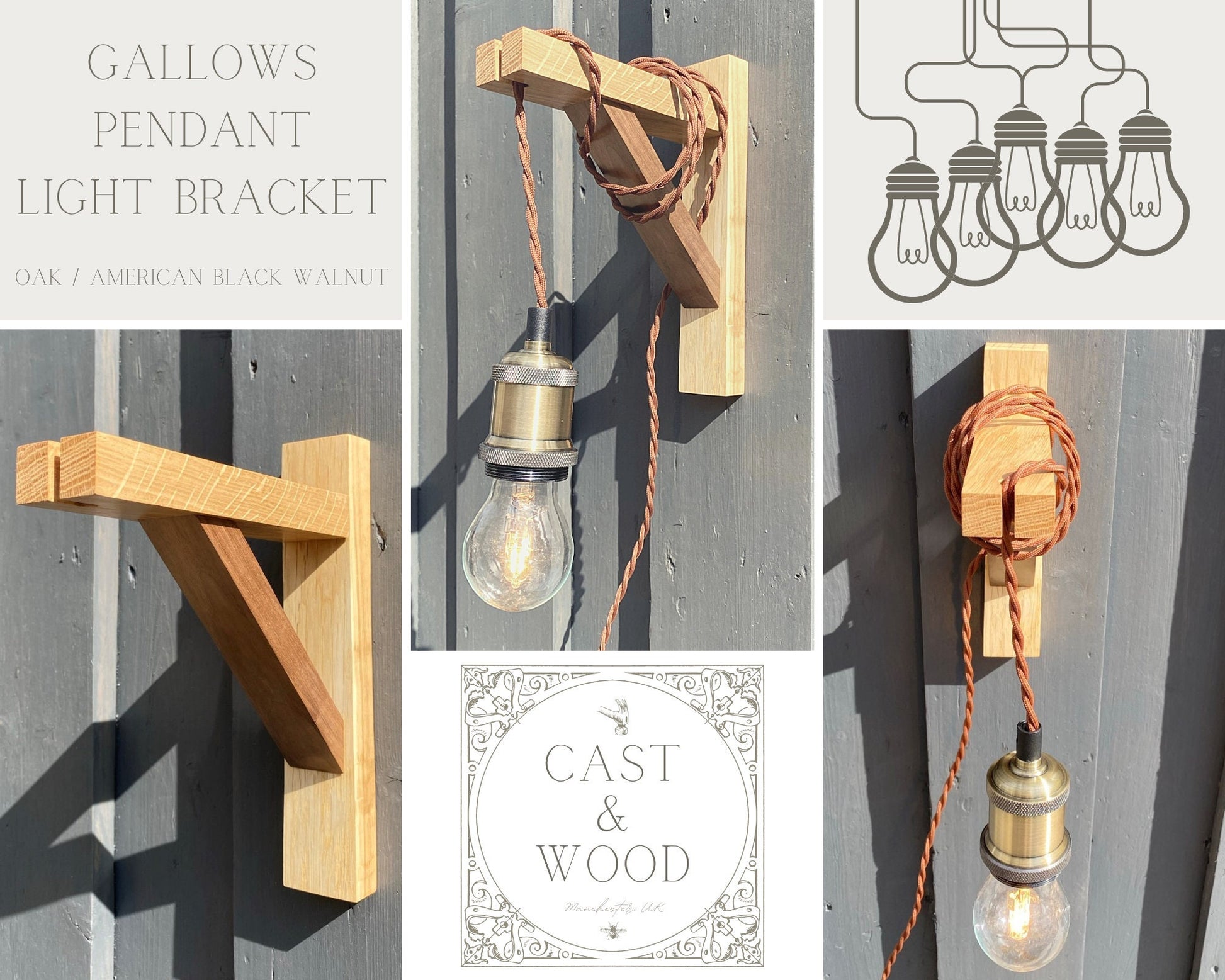 Solid Oak & American Black Walnut Gallows Pendant Wall Light Bracket freeshipping - Cast & Wood