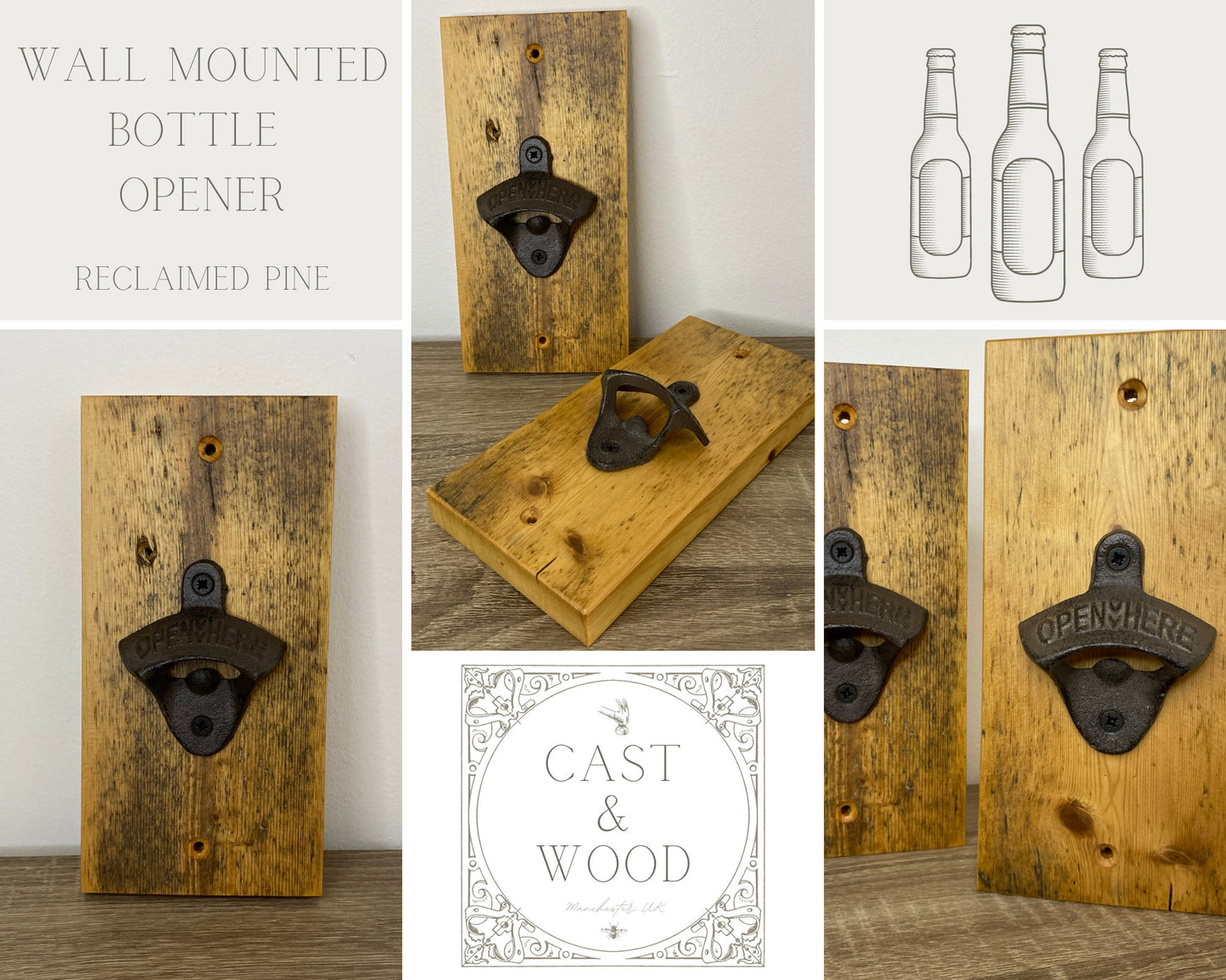 Wall Mounted Bottle Opener - Reclaimed Welsh Chapel Pine freeshipping - Cast & Wood