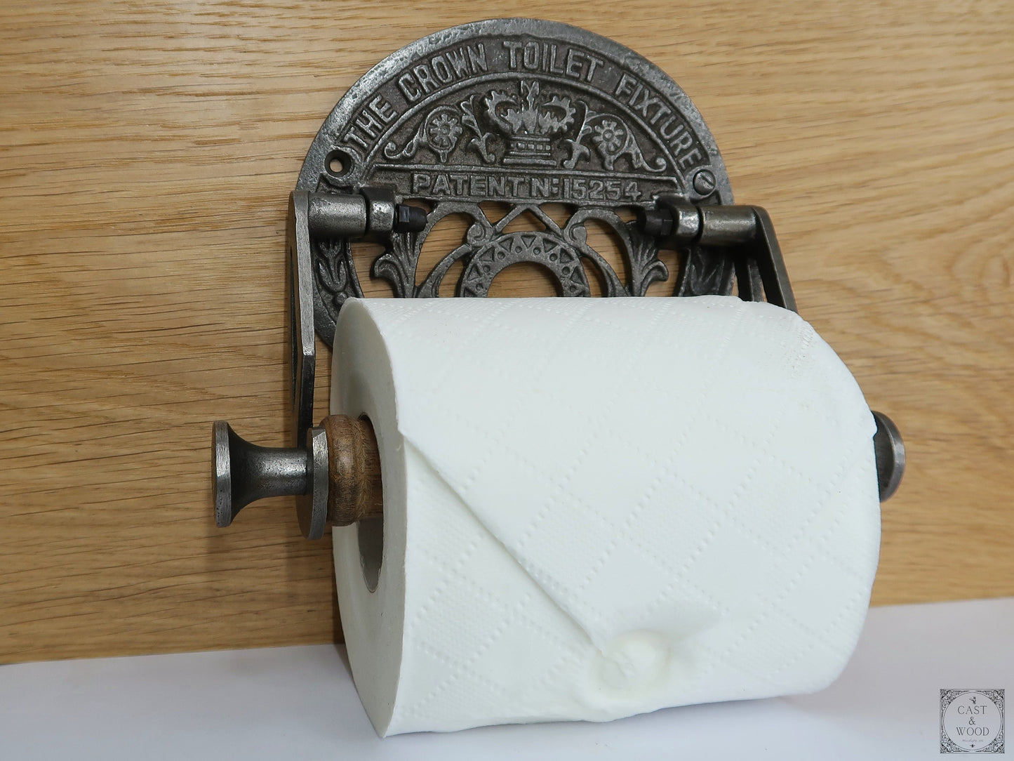 The Crown Toilet Roll Holder - Cast Iron - Light Wood