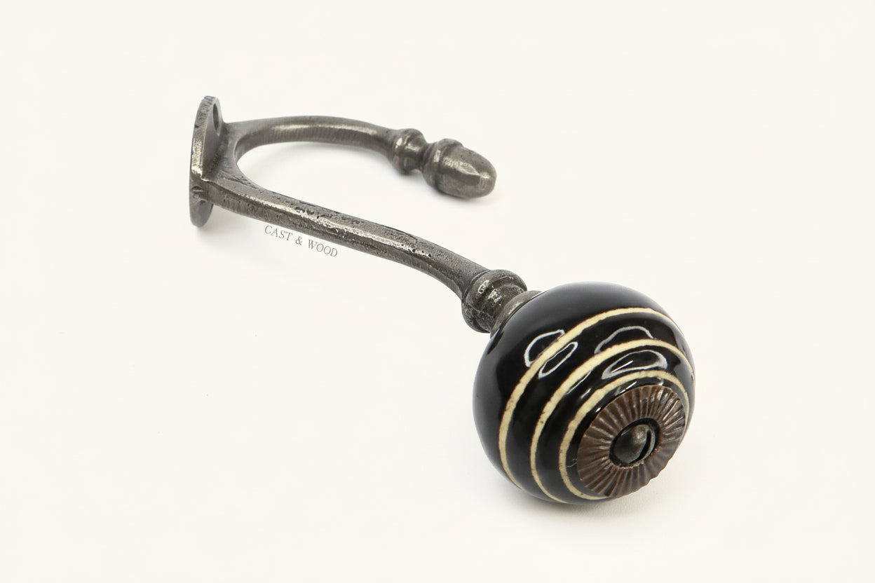 Black / White Stripe Acorn Double Coat Hook freeshipping - Cast & Wood